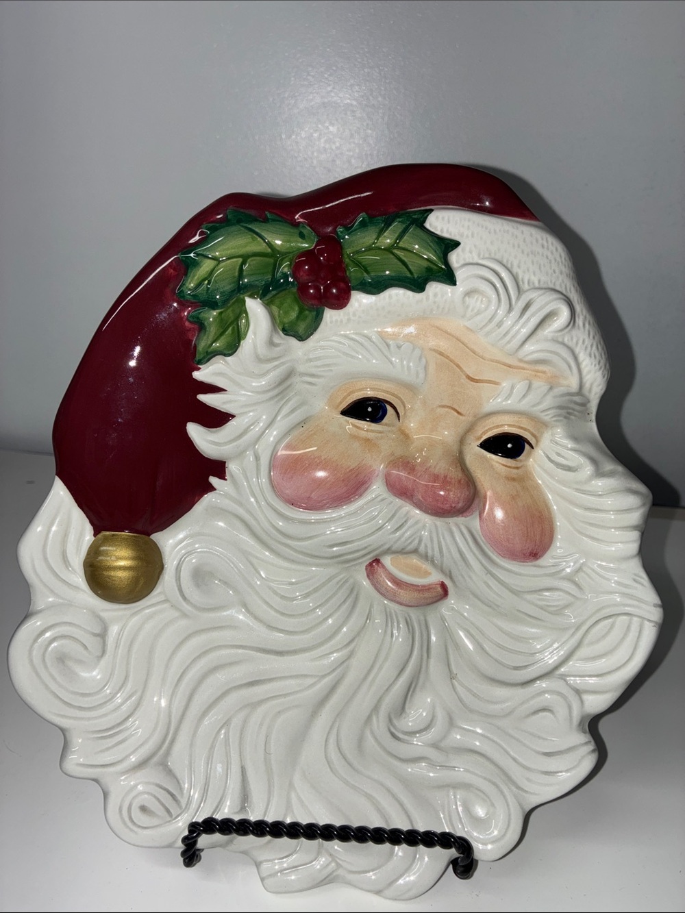 Fitz And Floyd Festive Santa Face Decorative Ceramic Hanging Plate - White & Red